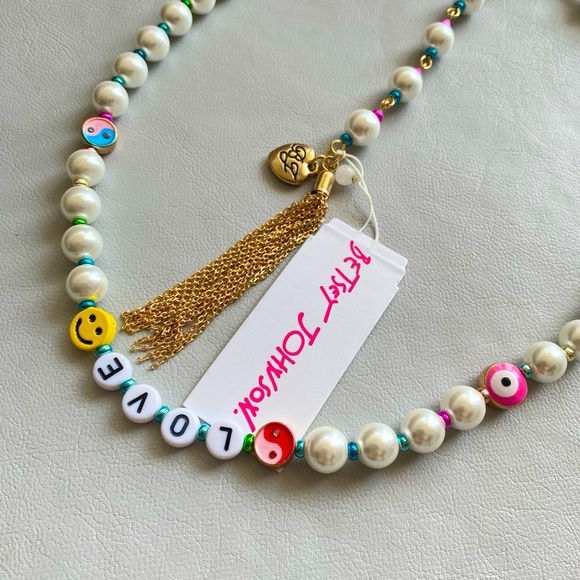 Betsey Johnson LOVE Pearl Rainbow Gold Tone Tassel Extender Collar Necklace NWT - Picture 9 of 14